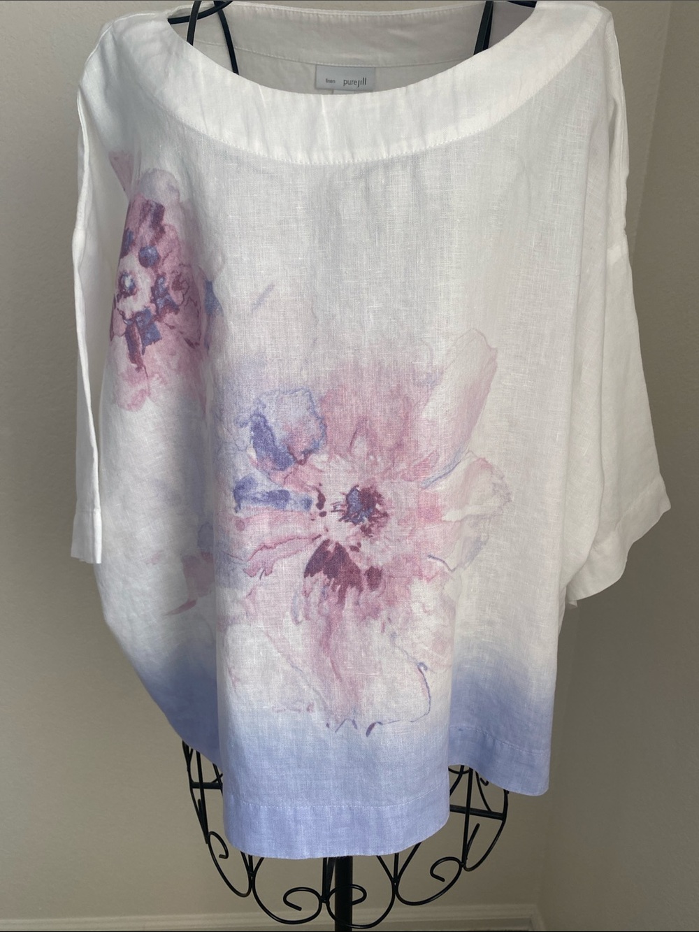 Pure Jill Linen Floral Boatneck Top in White with Pink & Purple